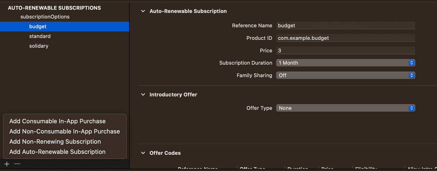 Locally configure in-app purchase options.