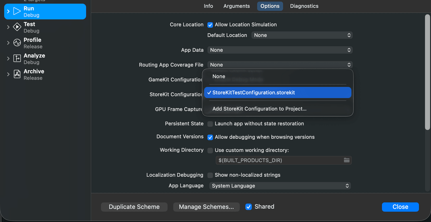 Enabling StoreKit testing in Xcode.